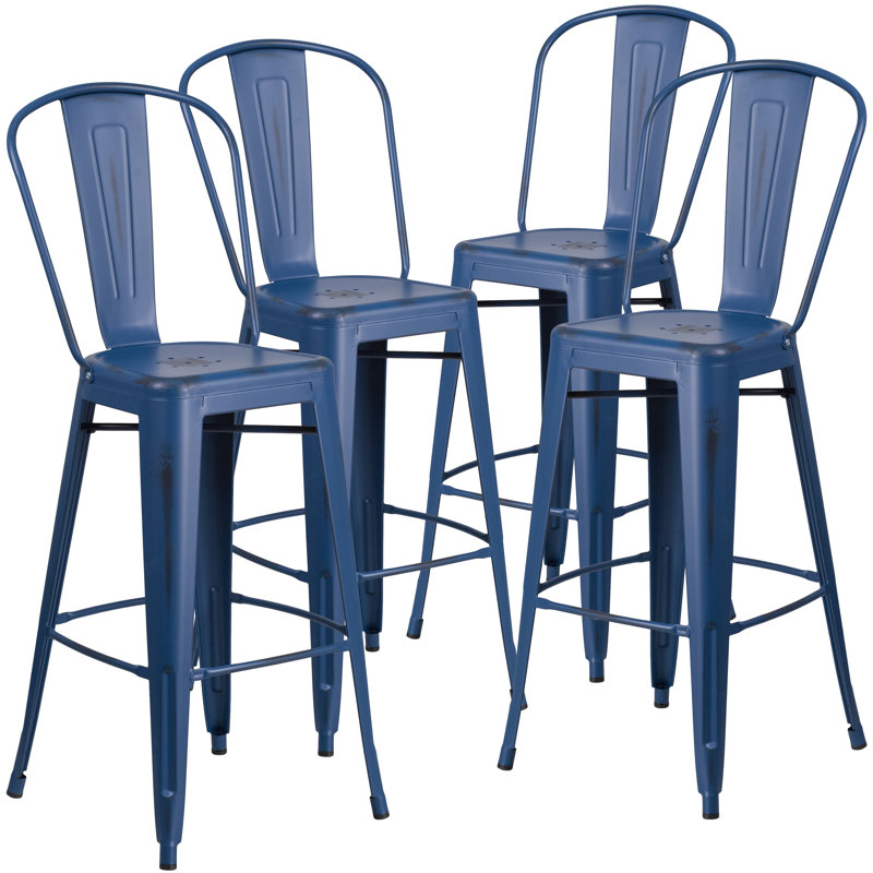 Commercial Grade Distressed Metal Indoor-Outdoor Counter Height Stool with Back, Antique Blue, Bar Stool (30" Seat Height)