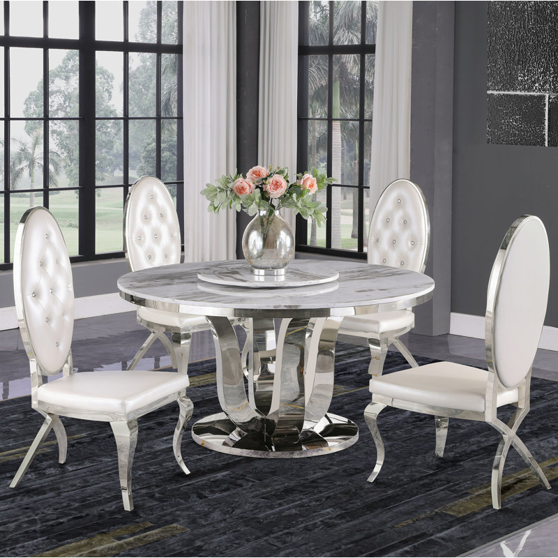 Ensemble repas pour 4 personnes North Adams, Marbre blanc, Bleu marin / Argent, Argent