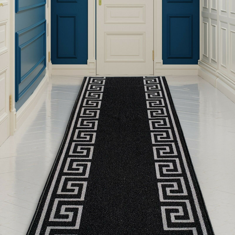 Custom Size Runner Rug 26 Inch Wide Choose Your Length Greek Key Meander Design Black Silver Color, Rectangle 2'2'' x 4'