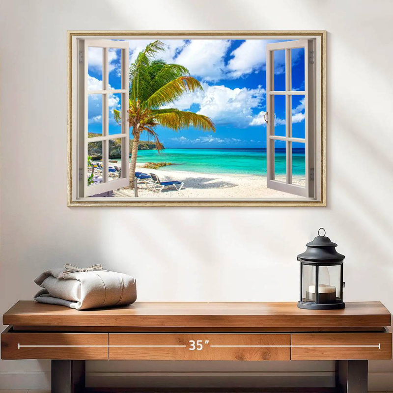 Window Scene, 25" X 17", Floating Frame Natural Wood