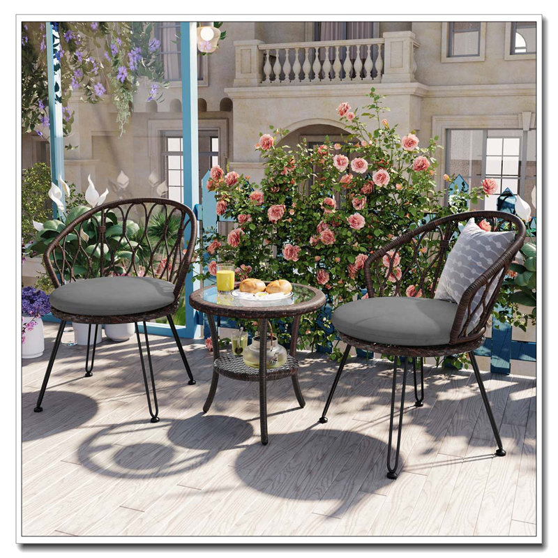 Ensemble de loisirs d'extérieur, 2 chaises simples en rotin avec table ronde en verre, Coussin gris / cadre brun