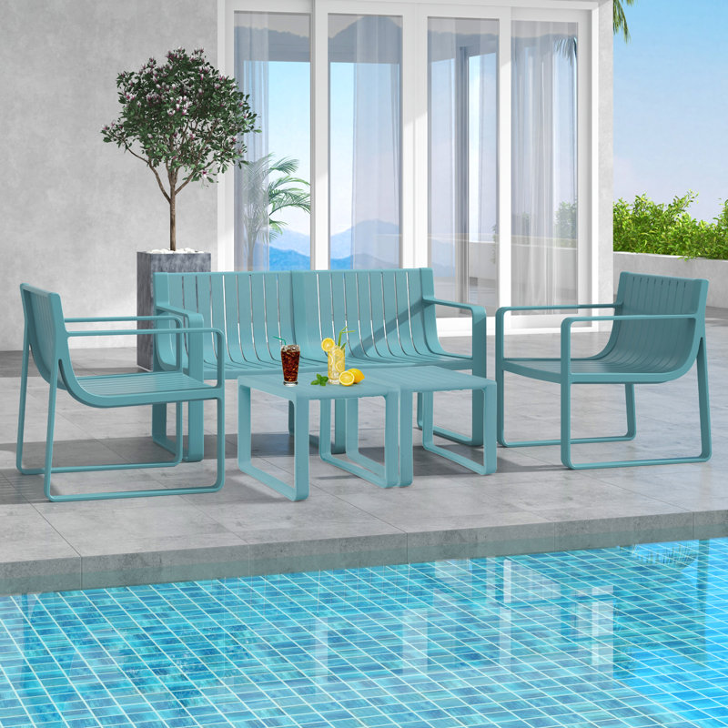 Causeuse de patio pour 2 personnes avec dossier à lattes courbées bleu, Bleu