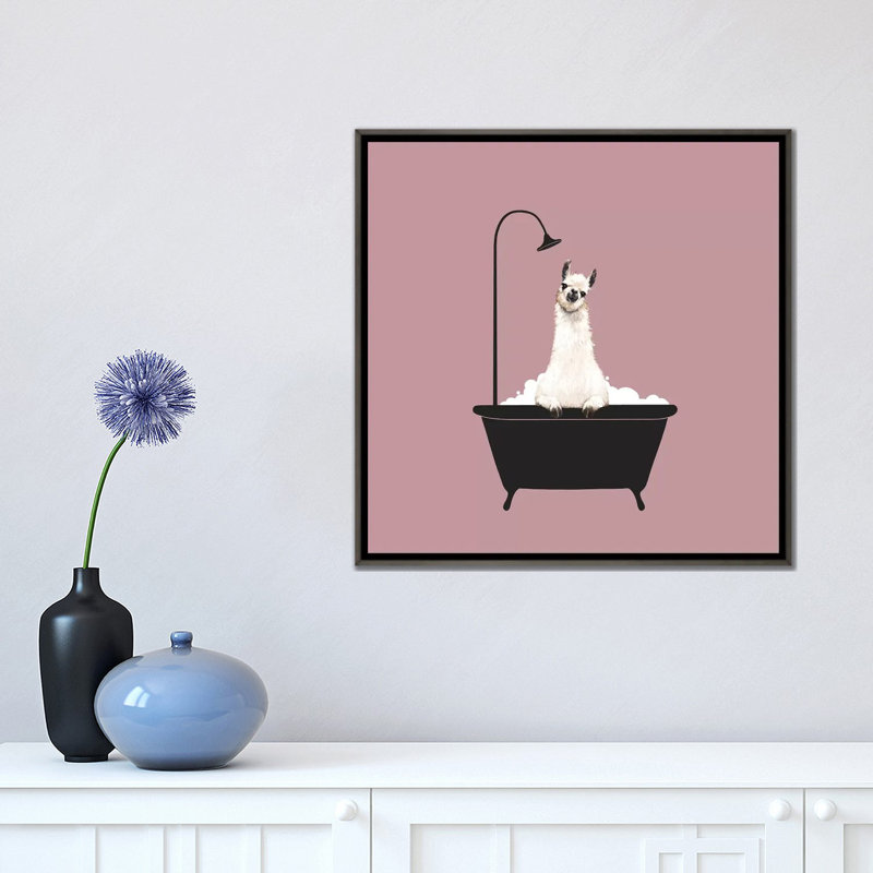 Lama dans une baignoire, H 18 po x l 18 po x P 1,5 po, Toile avec cadre en bois classique