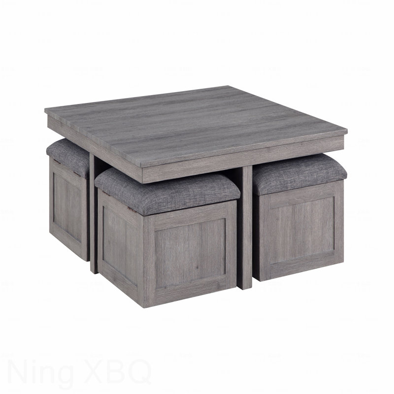 Table basse 38 po patinée avec tabourets de rangement, Gris