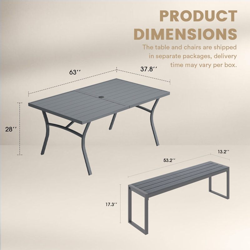 Ensemble repas d'extérieur 6 personnes avec banc, Gris
