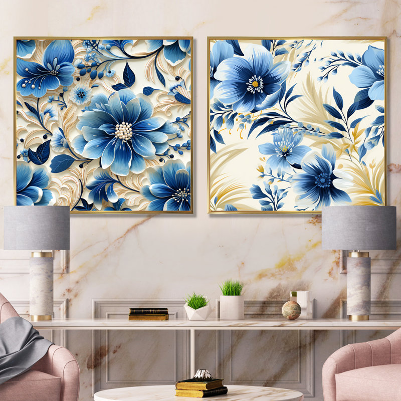 Bardane - ensemble de 2 impressions murales florales, H 36 po x l 73 po x P 1,5 po, Cadre flottant doré