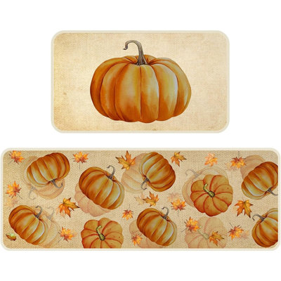 2PC Autumn Pumpkin Kitchen Rug Set – Farmhouse Floor Mats for Kitchen & Bathroom