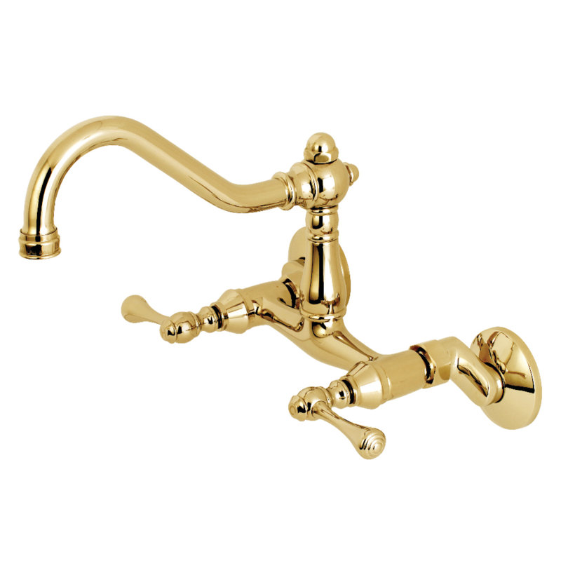 Kingston Brass Vintage Double-Handle 2-Hole Wall-Mount Bridge Kitchen Faucet, Polished Brass