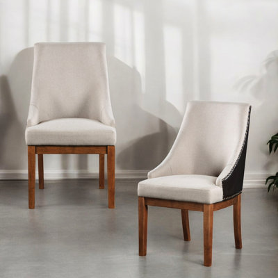 Of 2 Brown Fabric And Synthetic Leather 2-tone Upholstered Side Chairs With Nailhead Trim, 19" Seat Depth, 26" Armrest Height, 14" Floor , 220lbs Weig