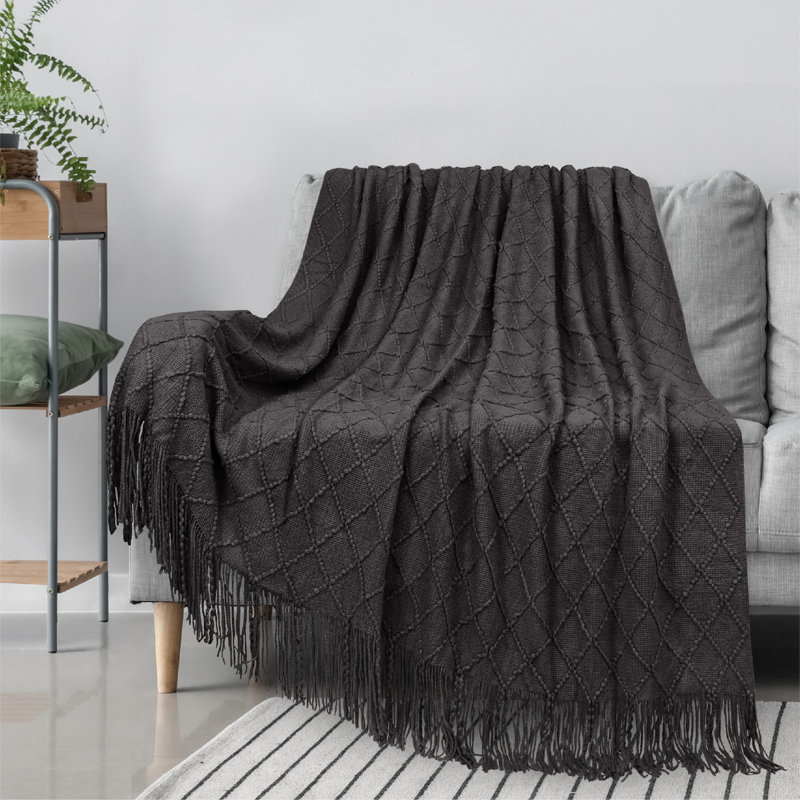 Charcoal Gray Knitted Fringe Throw Blanket for Couch