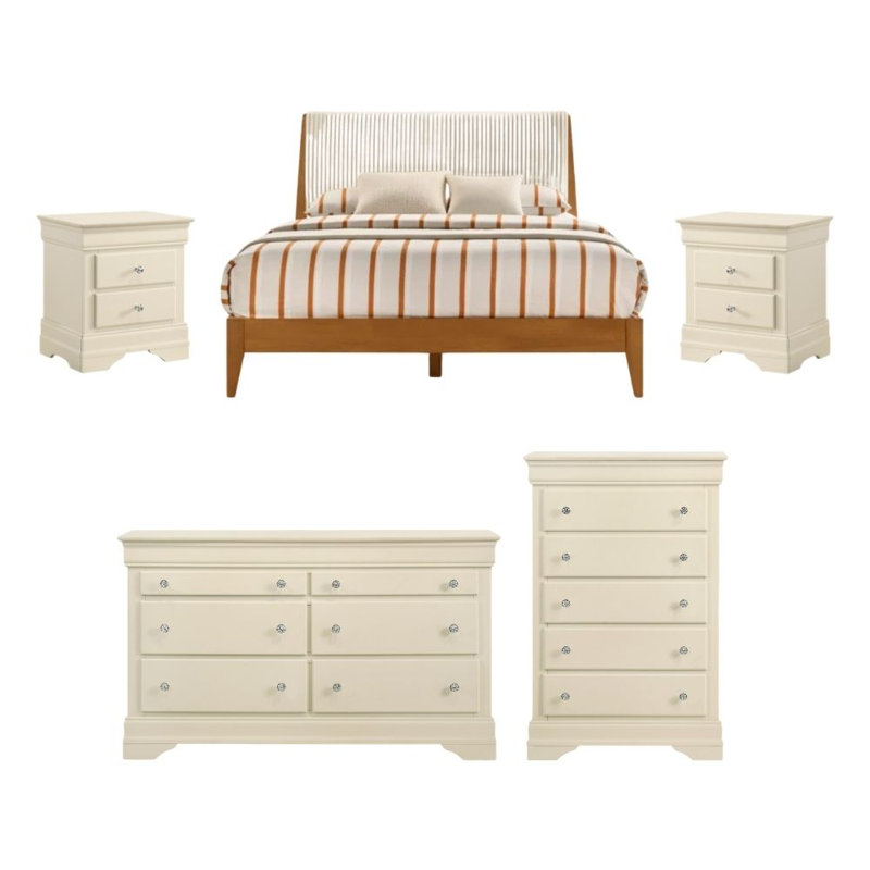 Gianick Modern Solid Wood 5 Pieces Fully Assemble Bedroom Set, Ivory/Amber Walnut, 5 Pcs: Bed, 2 Dressers, 2 Nightstands