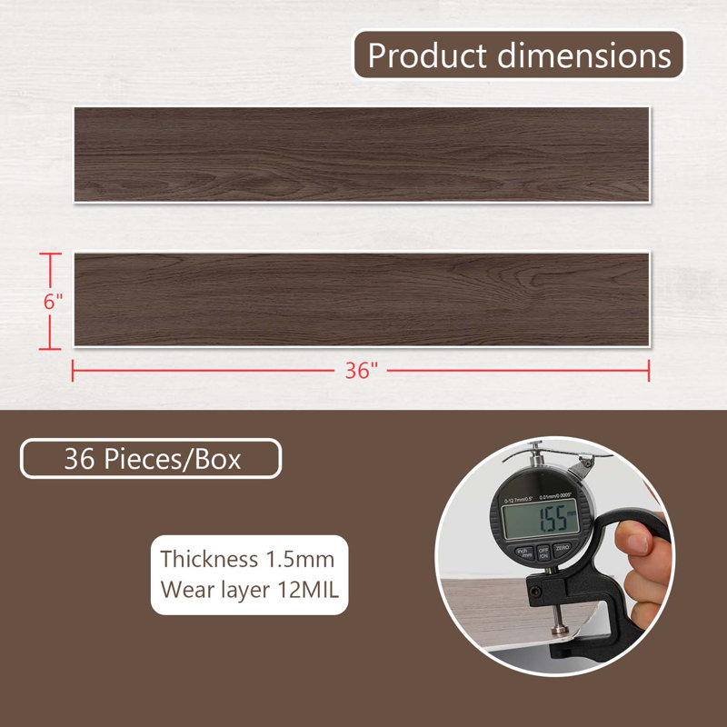12 Mil X 6 In. X 36 In. Luxury Vinyl Plank Flooring Tile, Peel And Stick Pvc Flooring (54 Sq. Ft./case), Brown Wood