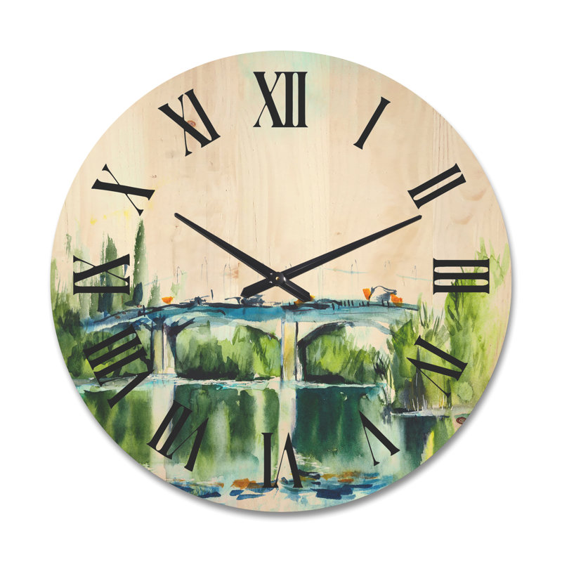 Horloge murale paysage avec vieux pont dans la campagne, Très grand