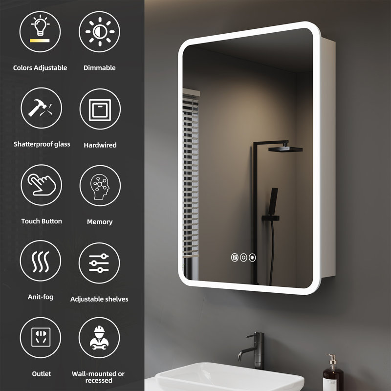 24" W X 30" H Cynethia Silver Aluminum Frame Rounded Edge Recessed/Surface Mount Medicine Cabinet with Mirror, 3 Color Dimmable Lights and Adjustable Glass Shelves for Makeup, Shaving or Bathroom Vanity Storage