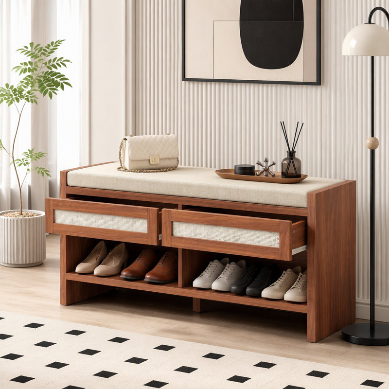 Banc à chaussures avec 2 tiroirs en rotin, banc de rangement à chaussures de style bohème avec assise rembourrée aspect lin et étagère ouverte