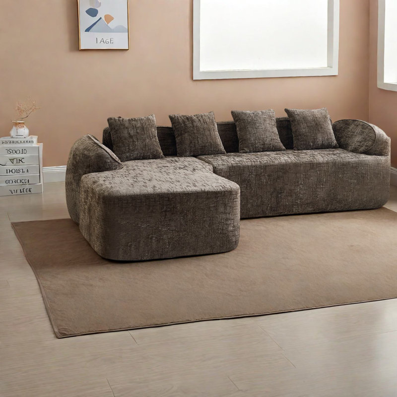 Canapés confortables en forme de L en chenille brune, style moderne pour le salon