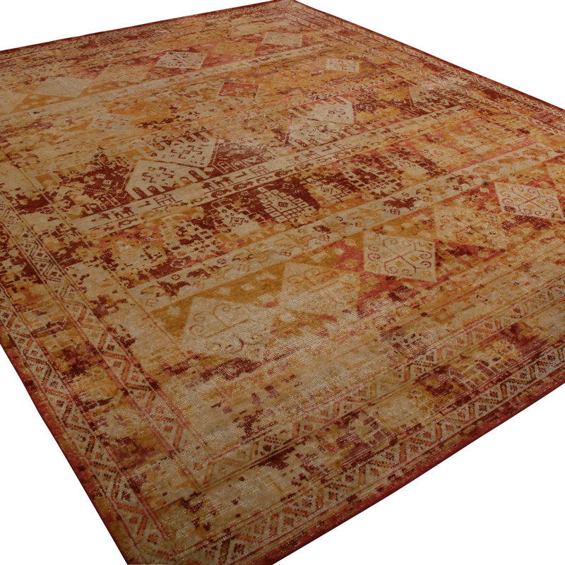 Rug & Kilim's Homage Geometric Beige Red And Gold Wool Custom Rug, Rectangle 10' x 14'