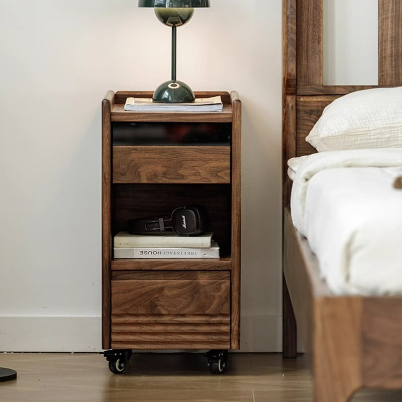 Modern Minimalist Walnut-Coloured Pine Sofa Side Table with Casters
