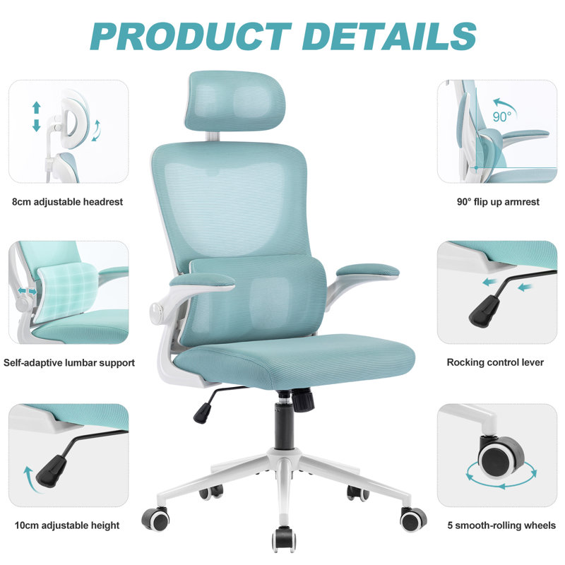 Tunney Ergonomic Height-Adjustable Mesh Office Chair with Headrest, Green