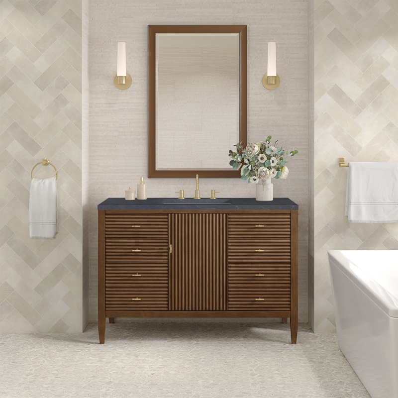 Myrrin 48'' W Single Vanity, Mid-Century Walnut, Charcoal Soapstone, 8" Widespread