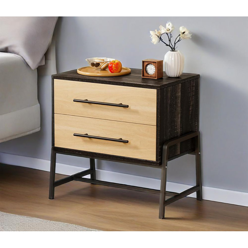 59.9cm W Manufactured Wood Bedside Table, Dark Brown/Wood/Black