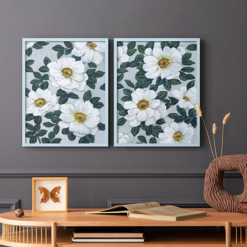 Fleurs blanches vives I - reproduction encadrée de qualité supérieure - prête à être accrochée - aucun clou requis - aucun clou requis