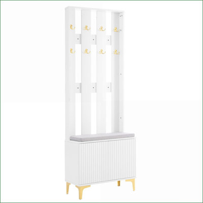 Hall Tree | Modern Gray 23.6"W x 70.8"H with Cushion Bench, 8 Gold Hooks &amp; Adjustable Shelves | Grey | Particle Board+MDF