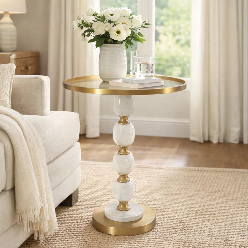 Table de bout latérale Siny, plateau rond de 16 pouces, blanc, base boules empilées dorées