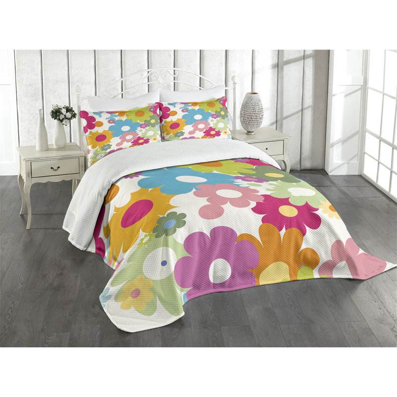 Ambesonne Floral Bedspread Set Sixties Inspiration Multicolor, King Bedspread + 2 Standard Shams
