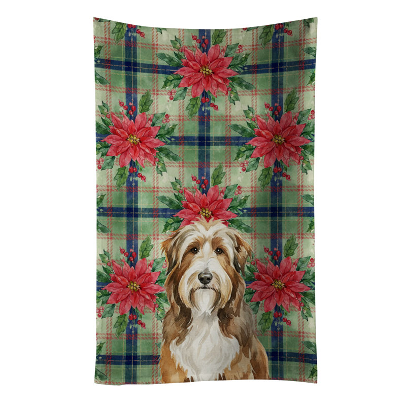 Brown Bearded Collie Christmas PoinsettIas Kitchen Towel, Brown Bearded Collie