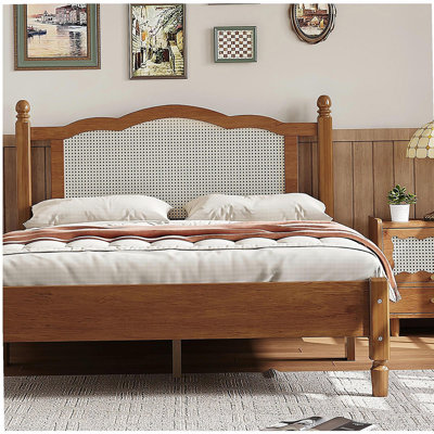 Lit plateforme en bois avec tête de lit en bambou naturel, cadre de lit en bois rétro et support en bois