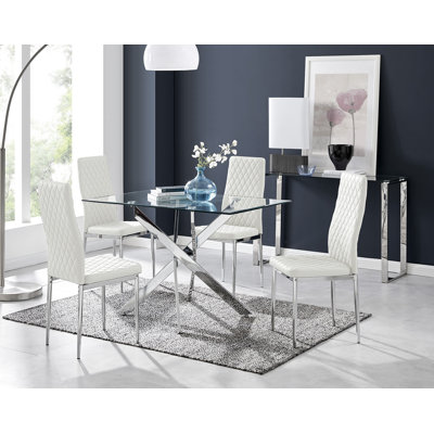 Lenworth Chrome and Glass Rectangular Dining Table Set with 4 Quilted Faux Leather Chairs
