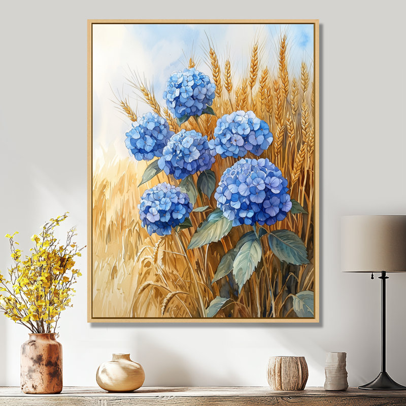 "Hortensias de campagne dans le champ de blé" IV - Hydrangea, art mural encadré, Impression encadrée flottante, Crème, crème