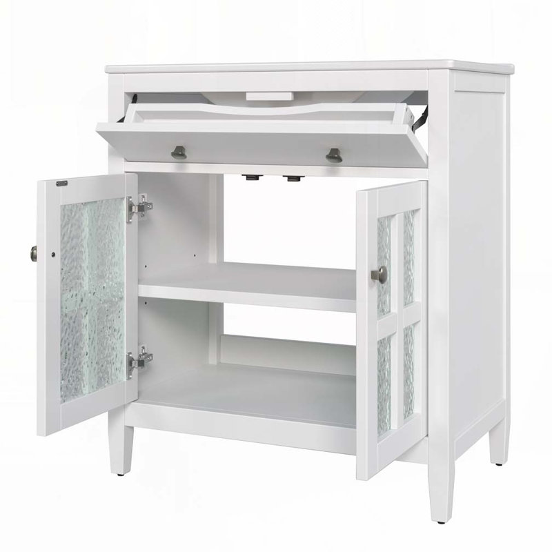 Meuble-lavabo de salle de bain avec lavabo en céramique, avec tablette réglable et plateau basculant, Blanc