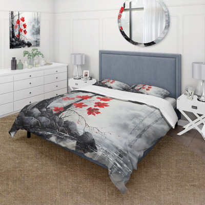 Minimalist Monochrome Red Forest II - Forest Duvet Cover Set