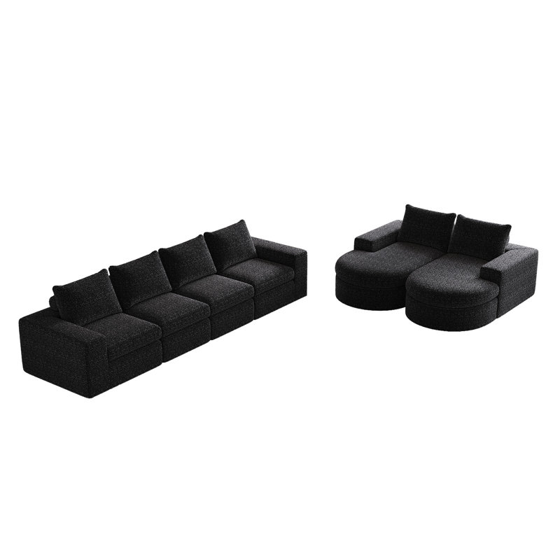 Chenille Cloud Curved Sectional With Chaise, L-Shaped, 4, Black, No Assembly Required, Double Cushion Structure High Resilience Sponge And Upholstered Cushions, Three Two Pillows, Neck Pillow For
