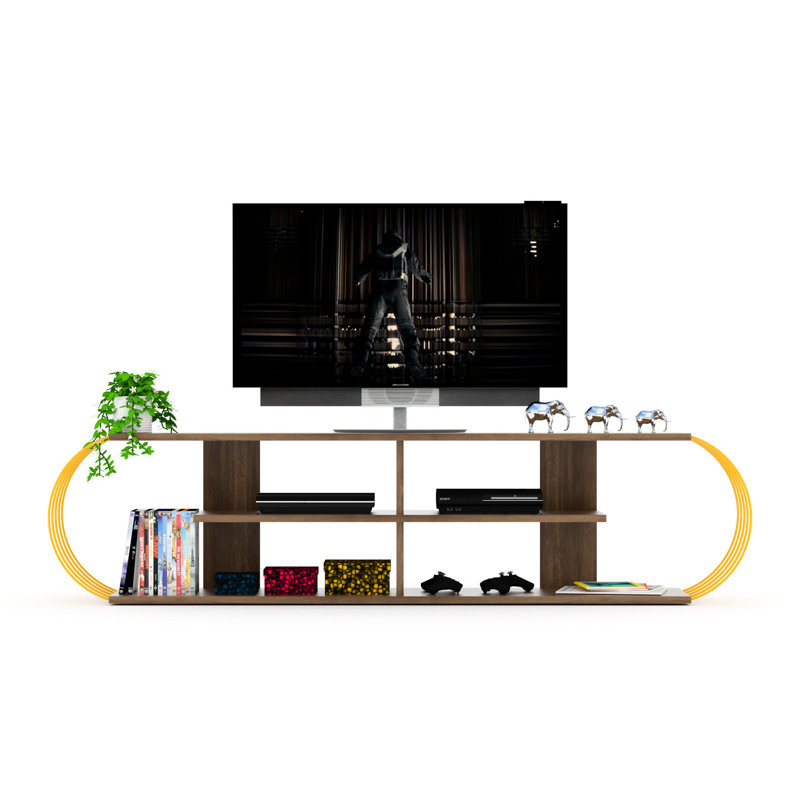 Meuble télé Mid-Century moderne en bois massif, 68 po, noyer / jaune, Walnut/Gold