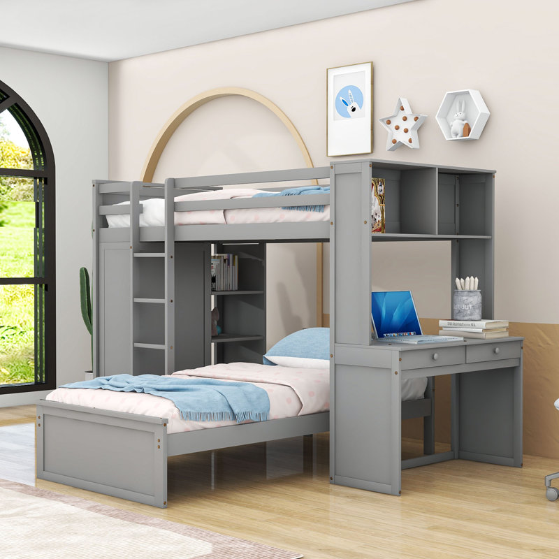 Asgun Wood Bunk Bed with Shelves,Desk and Drawer, Gray, Twin Over Twin