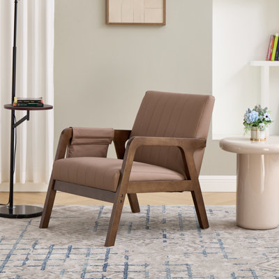 Fauteuil d'appoint Mid-Century moderne avec pochette de rangement latérale, fauteuil en similicuir rembourré avec structure en bois massif, fauteuil de lecture pour le salon, la chambre à coucher