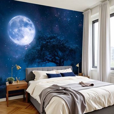 Papier peint adhésif à peler et coller, silhouette de ciel étoilé, pleine lune, éléments muraux, H 100 po x l 144 po, papier mural amovible en PVC, adhésif pour le salon, la chambre et le bureau à domicile