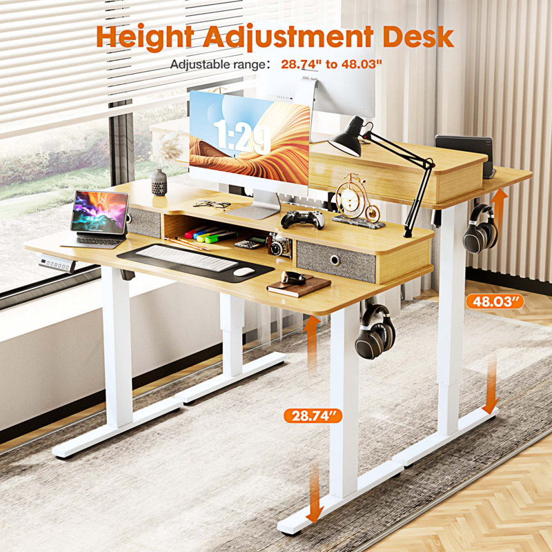 Bureau debout à hauteur ajustable Marzena, Naturel/noir, H 52 po x l 48 po x P 23 po