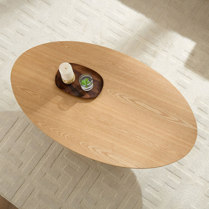 Table basse ovale de 47,24 pouces de style moderne moderne fabriquée à la main en forme de tambour pour le salon, table basse Ellipse avec piédestal robuste, couleur naturelle