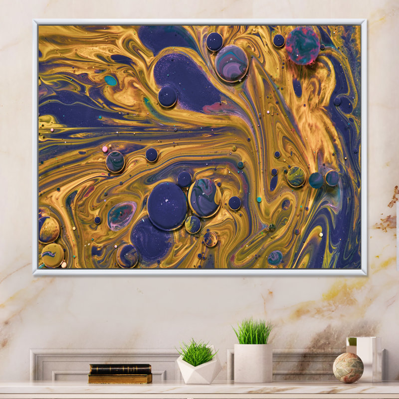 Art en acrylique jaune et bleu, H 16 po x l 32 po x P 1,5 po, Toile encadrée flottée blanche