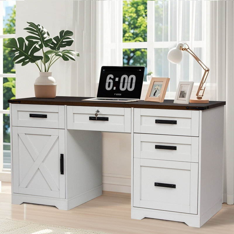 60" Farmhouse Executive Desk with 5 Drawers, Home Office Desk with Storage and Charging Station, Wooden computer Workspace with Lock, Cabinet with adjustable shelf