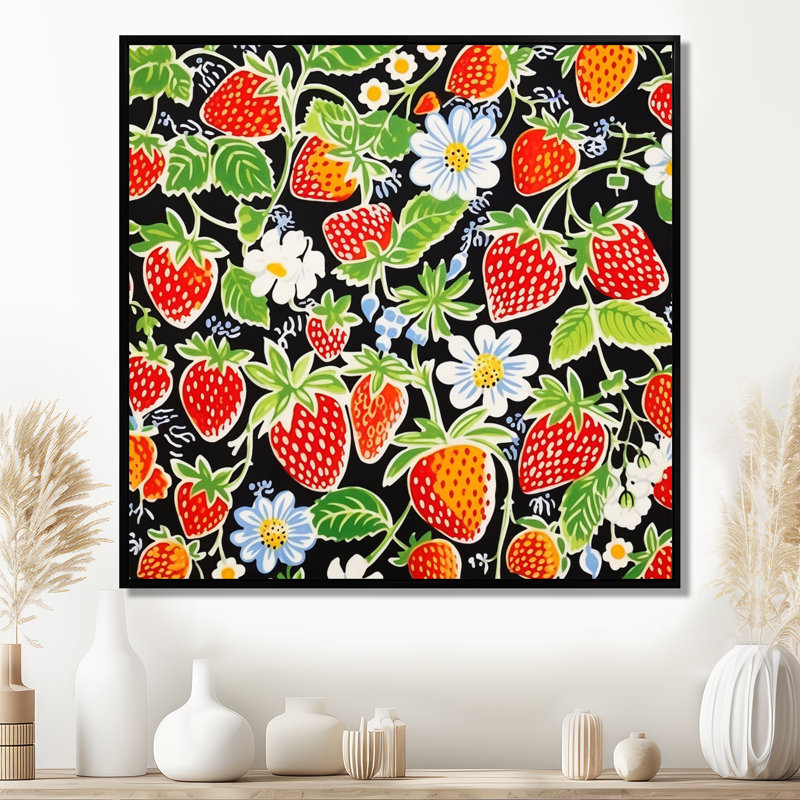 «Blossoming Strawberry Celebration - Food», reproduction d'art mural, Toile avec cadre flottant noir
