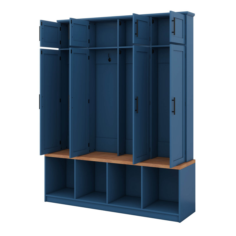 Farmhouse Hall Tree With 4 Hidden Hanging Hooks, Versatile Walnut Seating Bench With 8 Doors, Entryway Shoe Cabinet With Open Compartments