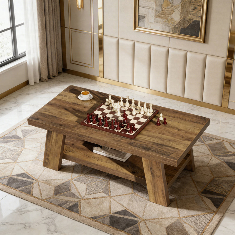 Table basse 47 po, table basse rectangulaire à 2 niveaux avec tablette de rangement