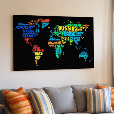 Toile, "Créez une carte du monde abstraite et vibrante" composée entièrement d'étiquettes de texte d'art mural colorées représentant des pays avec un art mural sur toile foncé