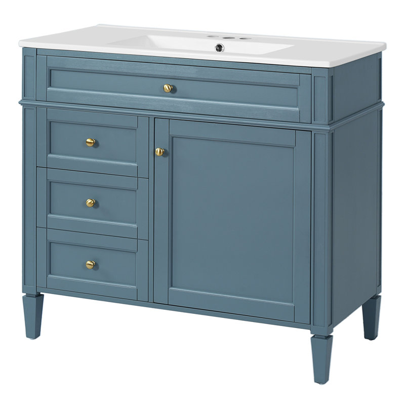 Meuble-lavabo de 36 po avec lavabo supérieur, armoire de rangement moderne avec 2 tiroirs et un tiroir basculant, Bleu indigo