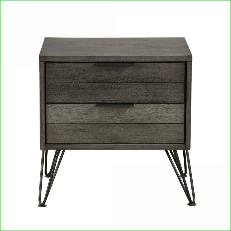 Table de chevet moderne à 2 tiroirs avec placage en acacia Pieds en métal - gris